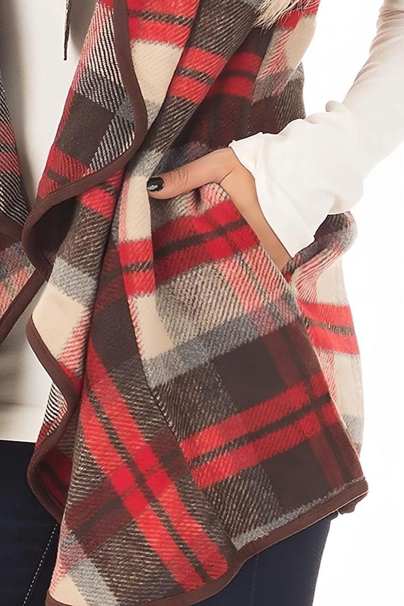 Unidear Womens Casual Plaid Print Sleeveless Open Front Cardigan Sweater with Pockets Light Red L - Image 4